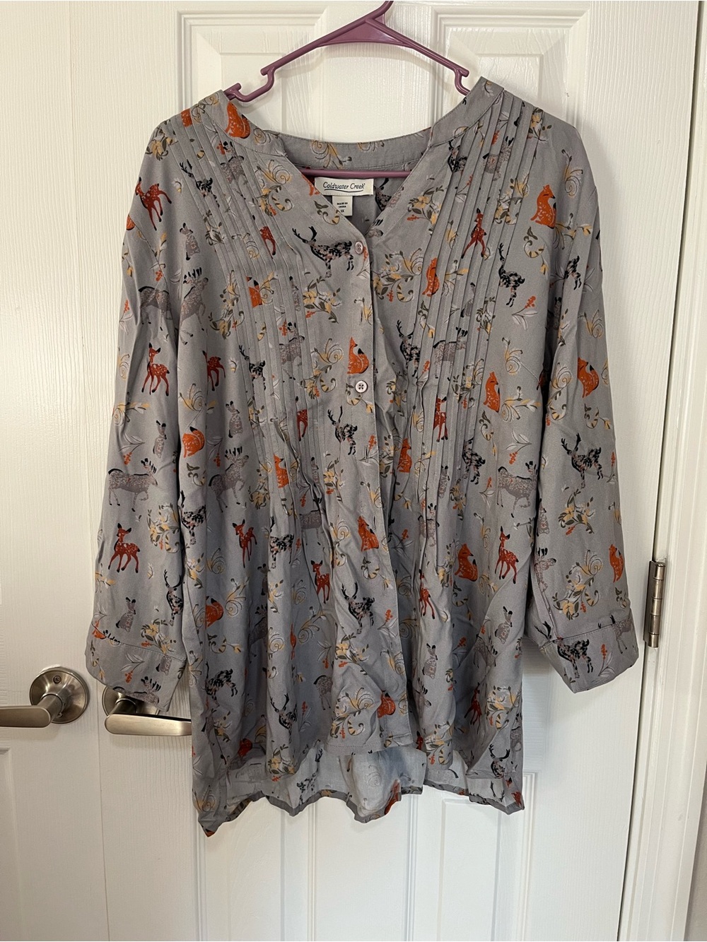 Coldwater Creek Gray Animal-Print Pintuck Button Blouse with Orange Accents